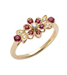 14KY 0.10CTW DIAMOND & RUBY FLOWER RING