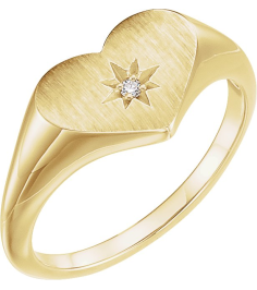 122818 Ring Set 14K Yellow Natural Diamond Round 1.3 Mm Polished .01 Ct Natural Diamond Heart Signet Ring