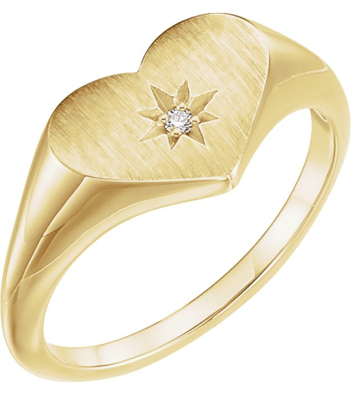 122818 Ring Set 14K Yellow Natural Diamond Round 1.3 Mm Polished .01 Ct Natural Diamond Heart Signet Ring