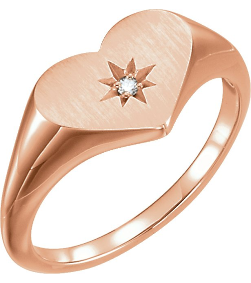 122818 Ring Set 14K Rose Natural Diamond Round 1.3 Mm Polished .01 Ct Natural Diamond Heart Signet Ring