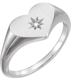 122818 Ring Set Sterling Silver Natural Diamond Round 1.3 Mm Polished .01 Ct Natural Diamond Heart Signet Ring