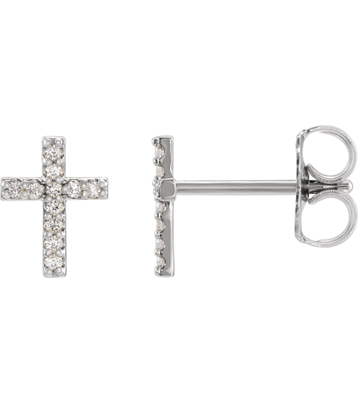R17013 Earring Set 14K White 7.6 X 5.7 Mm Natural Diamond Round .9Mm 0.05 Ctw Pair Friction Backs Included Polished .05 Ctw Natural Diamond Cross Earrings