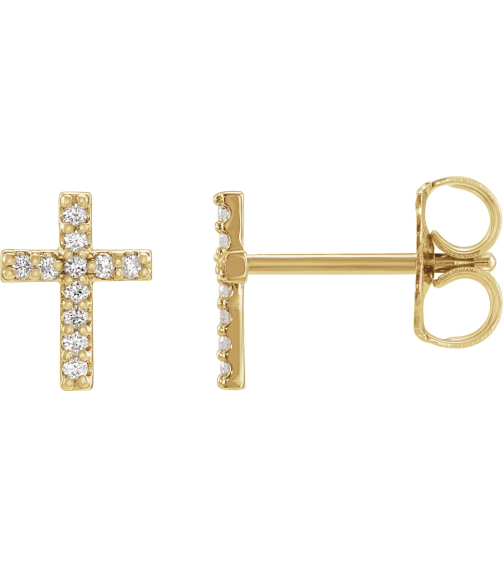 R17013 Earring Set 14K Yellow 7.6 X 5.7 Mm Natural Diamond Round .9Mm 0.05 Ctw Pair Friction Backs Included Polished .05 Ctw Natural Diamond Cross Earrings