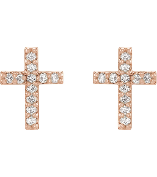 R17013 Earring Set 14K Rose 7.6 X 5.7 Mm Natural Diamond Round .9Mm 0.05 Ctw Pair Friction Backs Included Polished .05 Ctw Natural Diamond Cross Earrings