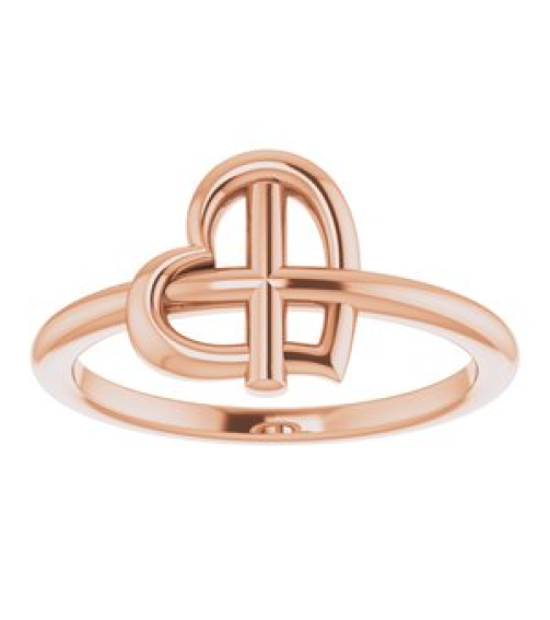 R43065 Ring 14K Rose Polished Heart Cross Ring