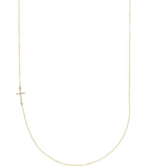86668 Necklace Set 14K Yellow Round Natural Diamond .9Mm 0.04 Ctw I1, G-H 16 In Polished .04 Ctw Natural Diamond Off-Center Sideways Cross Necklace