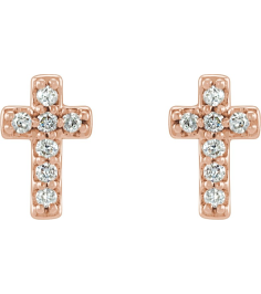 R17013 Earring Set 14K Rose 7 X 4.5 Mm Natural Diamond Round 1Mm 0.06 Ctw Pair Friction Backs Included Polished .06 Ctw Natural Diamond Cross Earrings