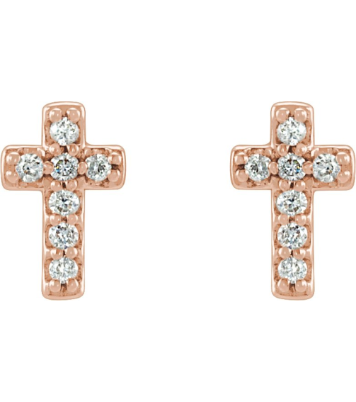 R17013 Earring Set 14K Rose 7 X 4.5 Mm Natural Diamond Round 1Mm 0.06 Ctw Pair Friction Backs Included Polished .06 Ctw Natural Diamond Cross Earrings