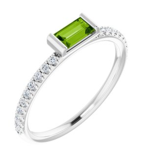 71973 Ring Set 14K White Natural Peridot Straight Baguette 5 X 2.5 Mm Natural Diamond Polished Natural Peridot And 16 Ctw Natural Diamond Stackable Ring