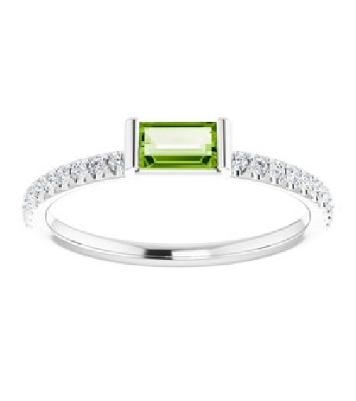 71973 Ring Set 14K White Natural Peridot Straight Baguette 5 X 2.5 Mm Natural Diamond Polished Natural Peridot And 16 Ctw Natural Diamond Stackable Ring