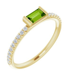 71973 Ring Set 14K Yellow Natural Peridot Straight Baguette 5 X 2.5 Mm Natural Diamond Polished Natural Peridot And 16 Ctw Natural Diamond Stackable Ring