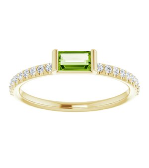 71973 Ring Set 14K Yellow Natural Peridot Straight Baguette 5 X 2.5 Mm Natural Diamond Polished Natural Peridot And 16 Ctw Natural Diamond Stackable Ring