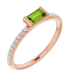 71973 Ring Set 14K Rose Natural Peridot Straight Baguette 5 X 2.5 Mm Natural Diamond Polished Natural Peridot And 16 Ctw Natural Diamond Stackable Ring