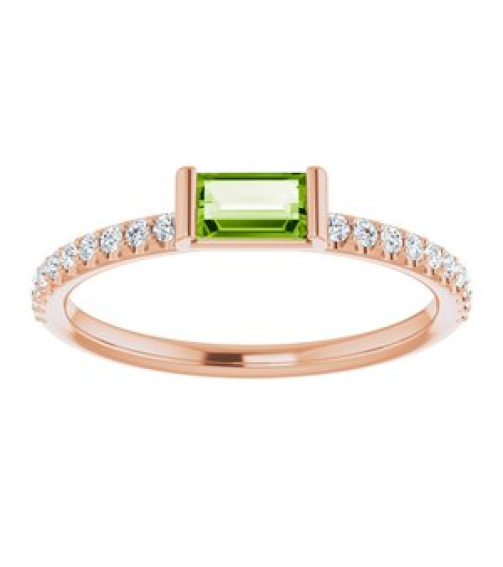 71973 Ring Set 14K Rose Natural Peridot Straight Baguette 5 X 2.5 Mm Natural Diamond Polished Natural Peridot And 16 Ctw Natural Diamond Stackable Ring