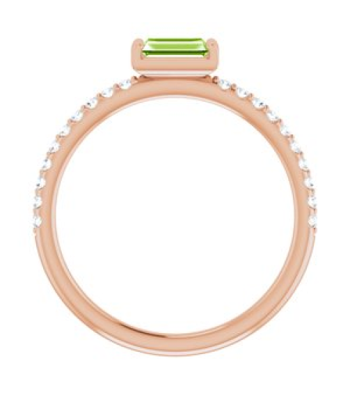71973 Ring Set 14K Rose Natural Peridot Straight Baguette 5 X 2.5 Mm Natural Diamond Polished Natural Peridot And 16 Ctw Natural Diamond Stackable Ring