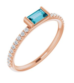 71973 Ring Set 14K Rose Natural London Blue Topaz Straight Baguette 5 X 2.5 Mm Natural Diamond Polished Natural London Blue Topaz And 16 Ctw Natural Diamond Stackable Ring