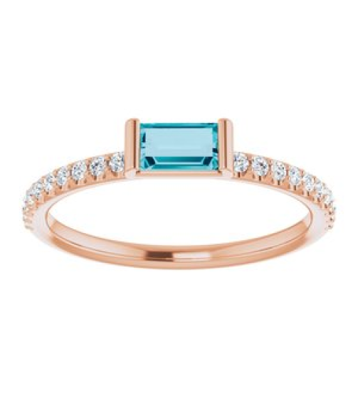 71973 Ring Set 14K Rose Natural London Blue Topaz Straight Baguette 5 X 2.5 Mm Natural Diamond Polished Natural London Blue Topaz And 16 Ctw Natural Diamond Stackable Ring