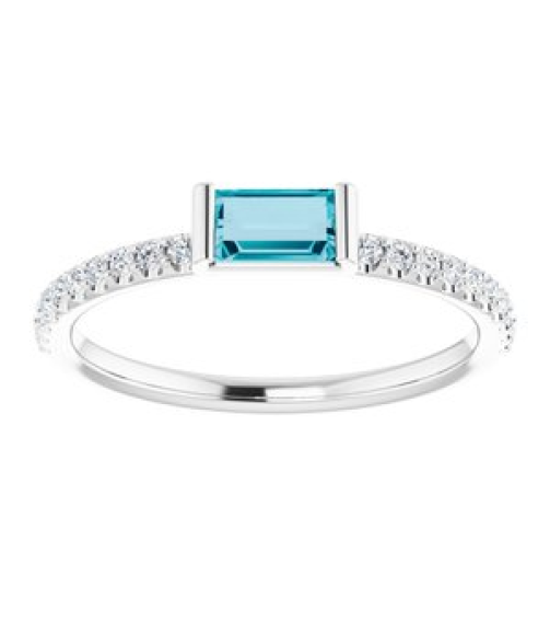 71973 Ring Set 14K White Natural London Blue Topaz Straight Baguette 5 X 3 Mm Natural Diamond Polished Natural London Blue Topaz And 16 Ctw Natural Diamond Stackable Ring
