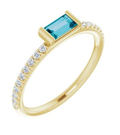 71973 Ring Set 14K Yellow Natural London Blue Topaz Straight Baguette 5 X 2.5 Mm Natural Diamond Polished Natural London Blue Topaz And 16 Ctw Natural Diamond Stackable Ring