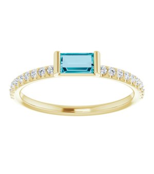71973 Ring Set 14K Yellow Natural London Blue Topaz Straight Baguette 5 X 2.5 Mm Natural Diamond Polished Natural London Blue Topaz And 16 Ctw Natural Diamond Stackable Ring