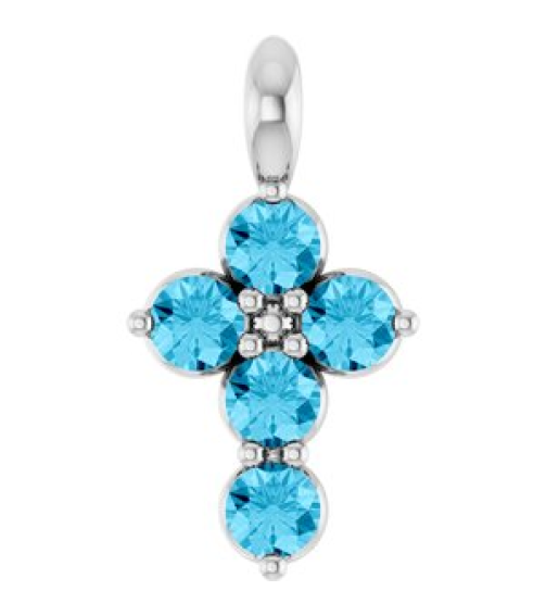 R42363 Pendant 14K White Set Natural Aquamarine Round 2 Mm 11.5 X 6.1 Mm Polished Natural Aquamarine Cross Pendant