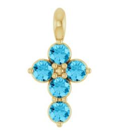 R42363 Pendant 14K Yellow Set Natural Aquamarine Round 2 Mm 11.5 X 6.1 Mm Polished Natural Aquamarine Cross Pendant