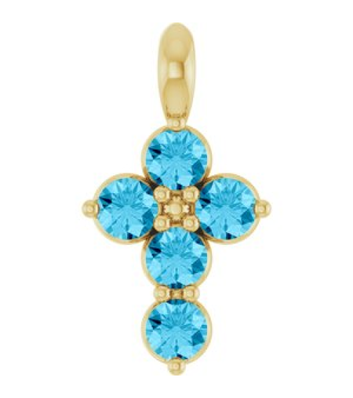 R42363 Pendant 14K Yellow Set Natural Aquamarine Round 2 Mm 11.5 X 6.1 Mm Polished Natural Aquamarine Cross Pendant