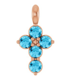 R42363 Pendant 14K Rose Set Natural Aquamarine Round 2 Mm 11.5 X 6.1 Mm Polished Natural Aquamarine Cross Pendant