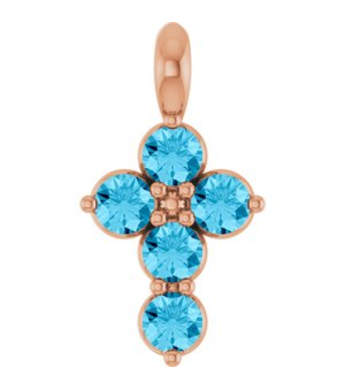 R42363 Pendant 14K Rose Set Natural Aquamarine Round 2 Mm 11.5 X 6.1 Mm Polished Natural Aquamarine Cross Pendant