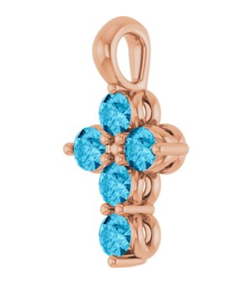 R42363 Pendant 14K Rose Set Natural Aquamarine Round 2 Mm 11.5 X 6.1 Mm Polished Natural Aquamarine Cross Pendant