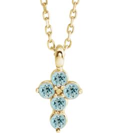 R42363 Necklace 14K Yellow Set Natural Aquamarine Round 2 Mm 11.5 X 6.1 Mm Polished Natural Aquamarine Cross 16-18 In Necklace