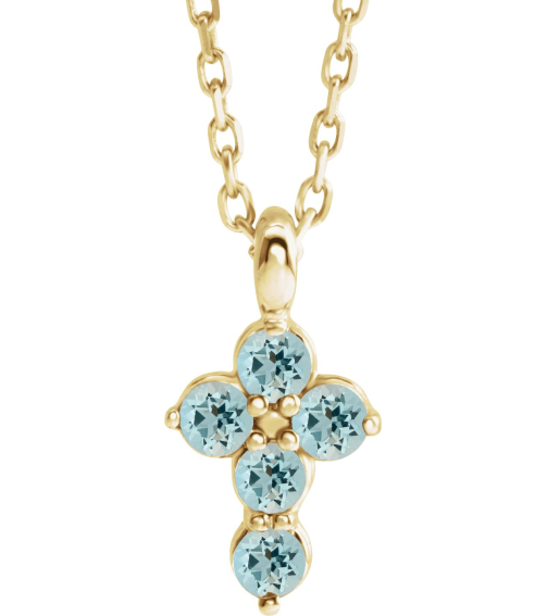 R42363 Necklace 14K Yellow Set Natural Aquamarine Round 2 Mm 11.5 X 6.1 Mm Polished Natural Aquamarine Cross 16-18 In Necklace