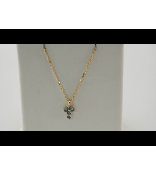 R42363 Necklace 14K Yellow Set Natural Aquamarine Round 2 Mm 11.5 X 6.1 Mm Polished Natural Aquamarine Cross 16-18 In Necklace