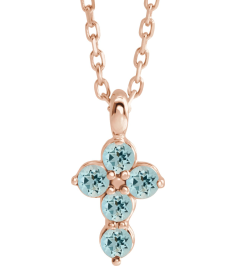 R42363 Necklace 14K Rose Set Natural Aquamarine Round 2 Mm 11.5 X 6.1 Mm Polished Natural Aquamarine Cross 16-18 In Necklace