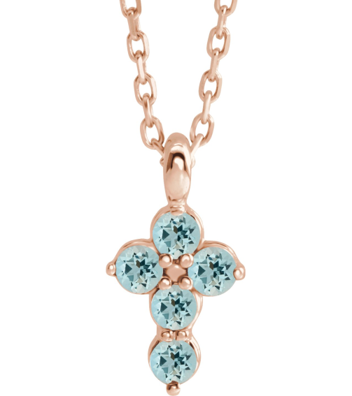 R42363 Necklace 14K Rose Set Natural Aquamarine Round 2 Mm 11.5 X 6.1 Mm Polished Natural Aquamarine Cross 16-18 In Necklace