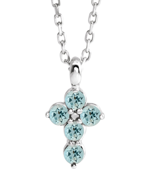 R42363 Necklace Platinum Set Natural Aquamarine Round 2 Mm 11.5 X 6.1 Mm Polished Natural Aquamarine Cross 16-18 In Necklace