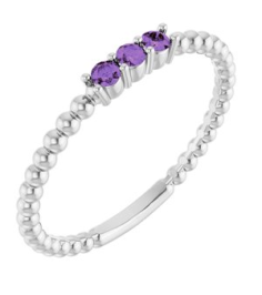 123113 Ring Set Platinum Natural Amethyst Round 2 Mm Polished Natural Amethyst Beaded Ring