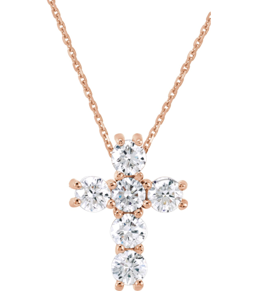 R42309 Necklace Set 14K Rose Round Natural Diamond 2.8Mm 12 Ctw I1, G-H 18 In Polished Natural Diamond Cross Necklace