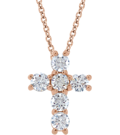 R42309 Necklace Set 14K Rose Round Natural Diamond 3.4Mm 910 Ctw I1, G-H 18 In Polished Natural Diamond Cross Necklace
