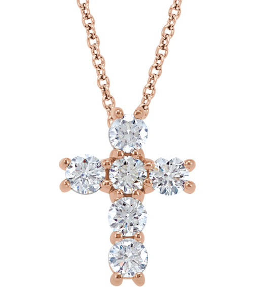 R42309 Necklace Set 14K Rose Round Natural Diamond 3.4Mm 910 Ctw I1, G-H 18 In Polished Natural Diamond Cross Necklace
