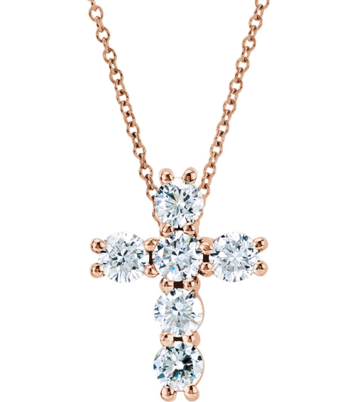 R42309 Necklace Set 14K Rose Round Natural Diamond 3.9Mm 1 38 Ctw I1, G-H 18 In Polished Natural Diamond Cross Necklace