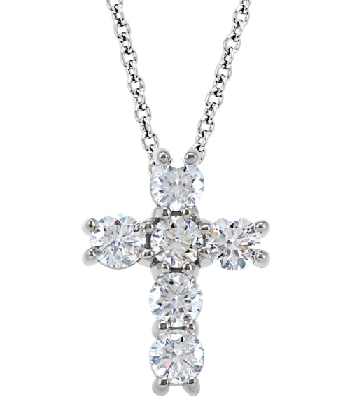 R42309 Necklace Set 14K White Round Natural Diamond 3.2Mm 34 Ctw I1, G-H 18 In Polished Natural Diamond Cross Necklace