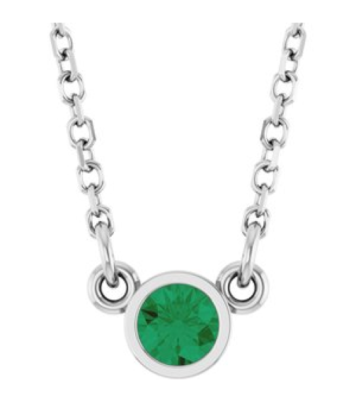 61134 Necklace Set Platinum Round Lab-Grown Emerald 3 Mm 16 In Polished Lab-Grown Emerald Solitaire Necklace