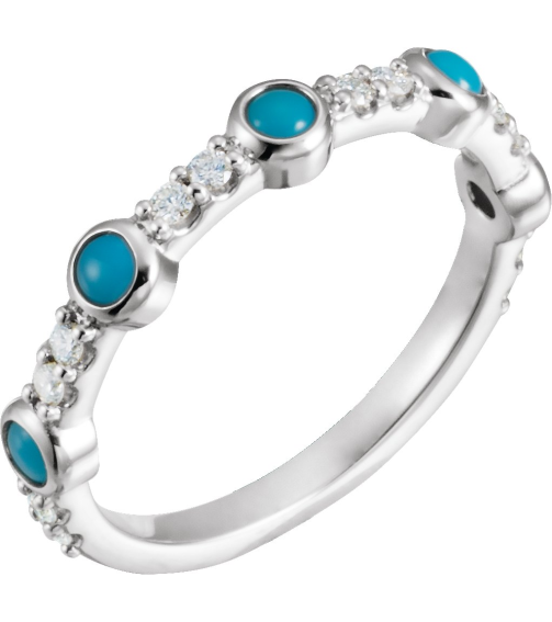 72023 Ring Set Sterling Silver Natural Turquoise Round 2.5 Mm Natural Diamond Polished Natural Turquoise And 16 Ctw Natural Diamond Ring