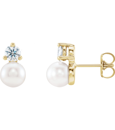 86719 Earring Set Cultured White Freshwater Pearl Pearl 5.0-5.5 Mm 14K Yellow Natural Diamond Pair Friction Backs Included Polished Cultured White Freshwater Pearl And 15 Ctw Natural Diamond Earrings