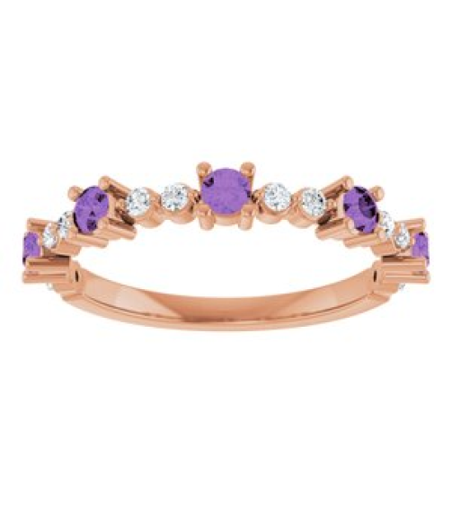 72051 Ring Set 14K Rose Natural Amethyst Round 2.5 Mm Natural Diamond Polished Natural Amethyst And 16 Ctw Natural Diamond Stackable Ring