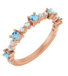 72051 Ring Set 14K Rose Natural Aquamarine Round 2.5 Mm Natural Diamond Polished Natural Aquamarine And 16 Ctw Natural Diamond Stackable Ring