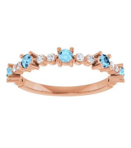 72051 Ring Set 14K Rose Natural Aquamarine Round 2.5 Mm Natural Diamond Polished Natural Aquamarine And 16 Ctw Natural Diamond Stackable Ring