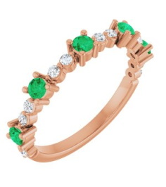 72051 Ring Set 14K Rose Natural Emerald Round 2.5 Mm Natural Diamond Polished Natural Emerald And 16 Ctw Natural Diamond Stackable Ring