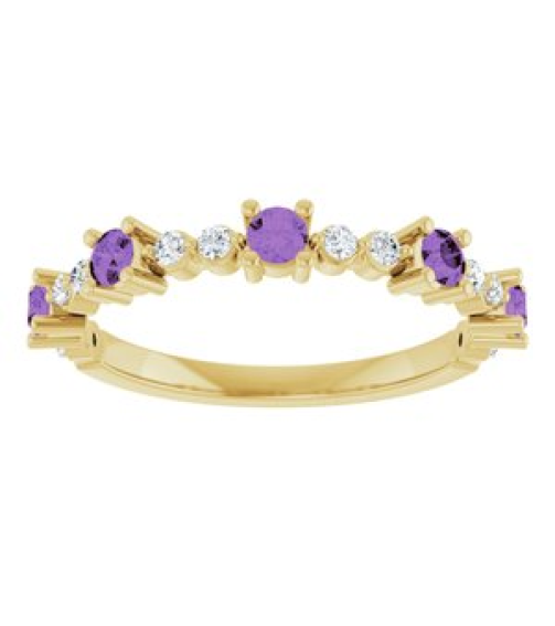 72051 Ring Set 14K Yellow Natural Amethyst Round 2.5 Mm Natural Diamond Polished Natural Amethyst And 16 Ctw Natural Diamond Stackable Ring